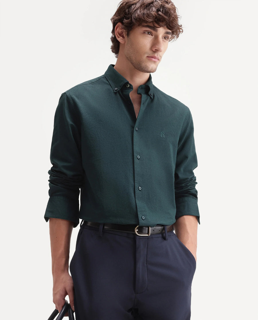 Rare Rabbit Men's Rezos Dark Green Cotton Button-Down Collar Regular Fit Plain Shirt