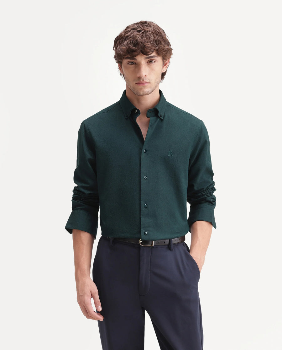 Rare Rabbit Men's Rezos Dark Green Cotton Button-Down Collar Regular Fit Plain Shirt