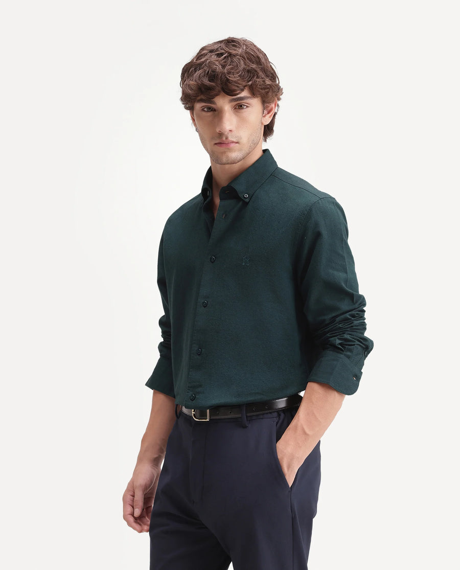 Rare Rabbit Men's Rezos Dark Green Cotton Button-Down Collar Regular Fit Plain Shirt