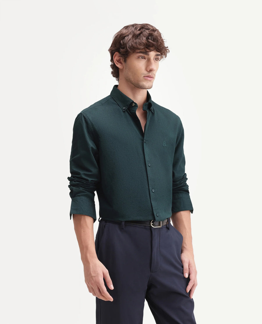 Rare Rabbit Men's Rezos Dark Green Cotton Button-Down Collar Regular Fit Plain Shirt