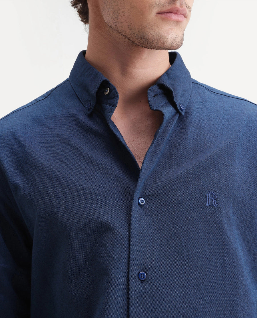 Rare Rabbit Men's Rezos Dark Blue Cotton Button-Down Collar Regular Fit Plain Shirt