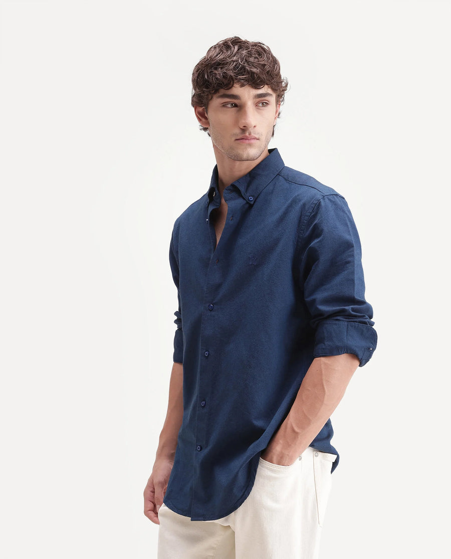 Rare Rabbit Men's Rezos Dark Blue Cotton Button-Down Collar Regular Fit Plain Shirt