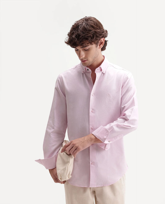 Rare Rabbit Men's Rezos Light Pink Cotton Button-Down Collar Regular Fit Plain Shirt