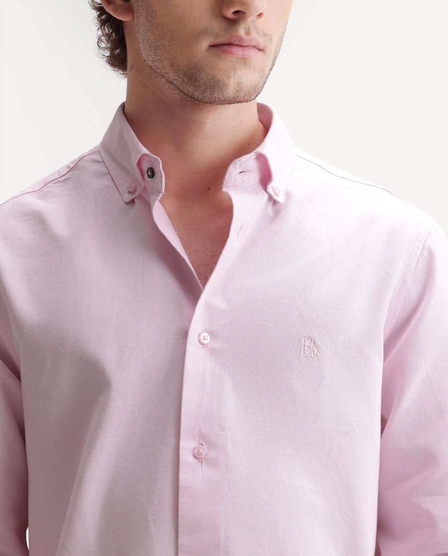 Rare Rabbit Men's Rezos Light Pink Cotton Button-Down Collar Regular Fit Plain Shirt