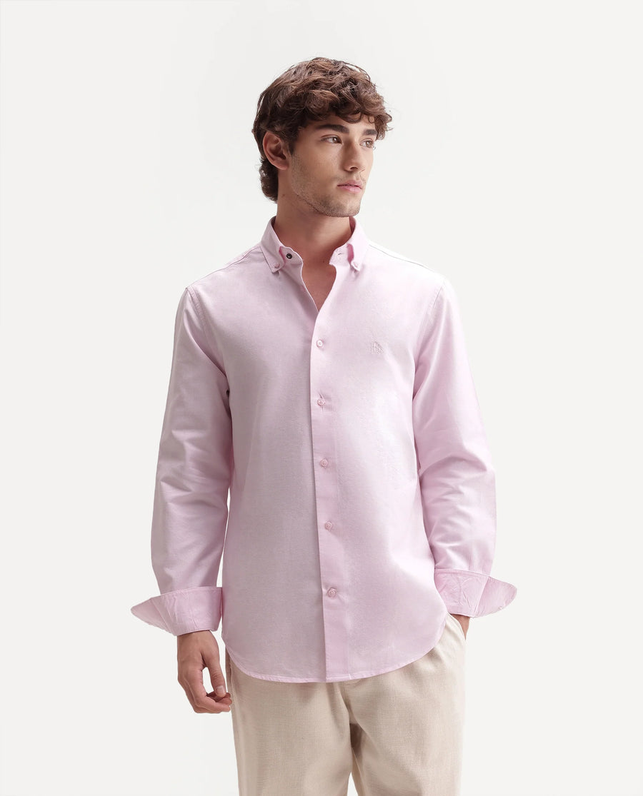 Rare Rabbit Men's Rezos Light Pink Cotton Button-Down Collar Regular Fit Plain Shirt