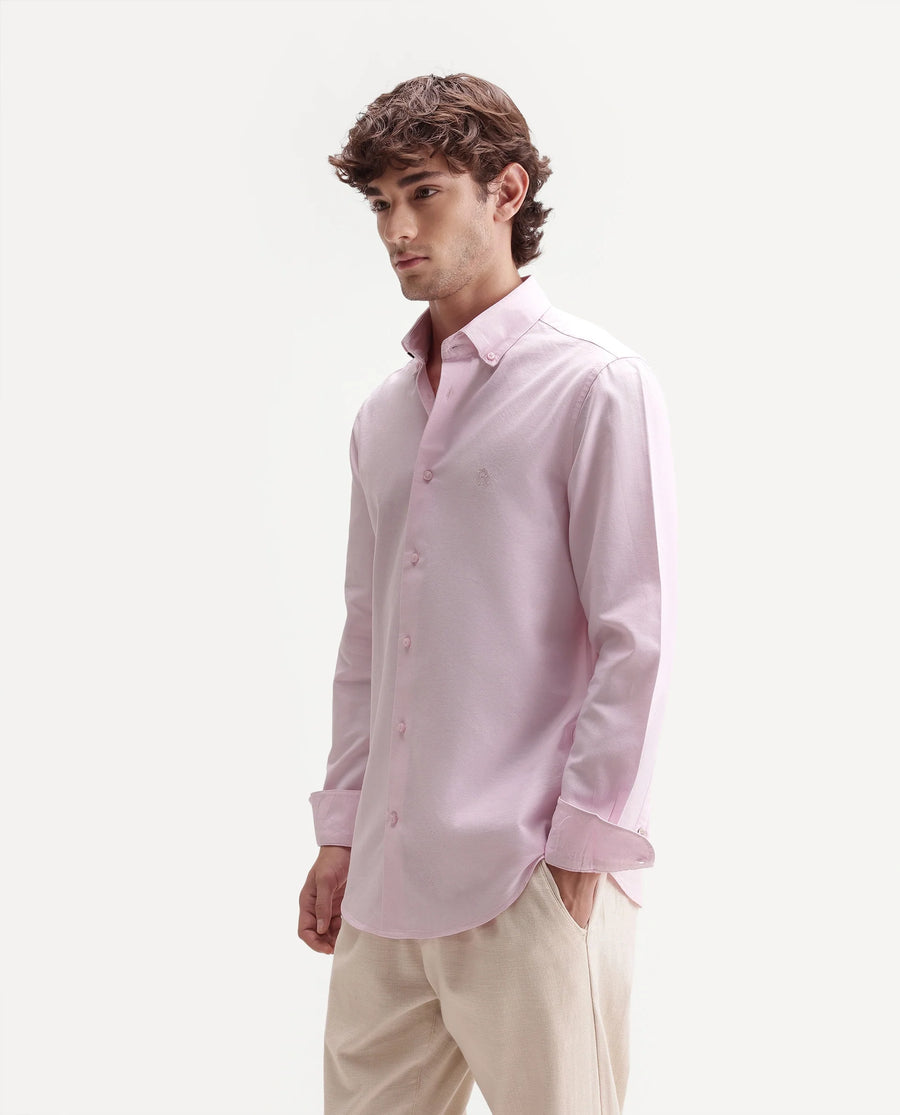 Rare Rabbit Men's Rezos Light Pink Cotton Button-Down Collar Regular Fit Plain Shirt