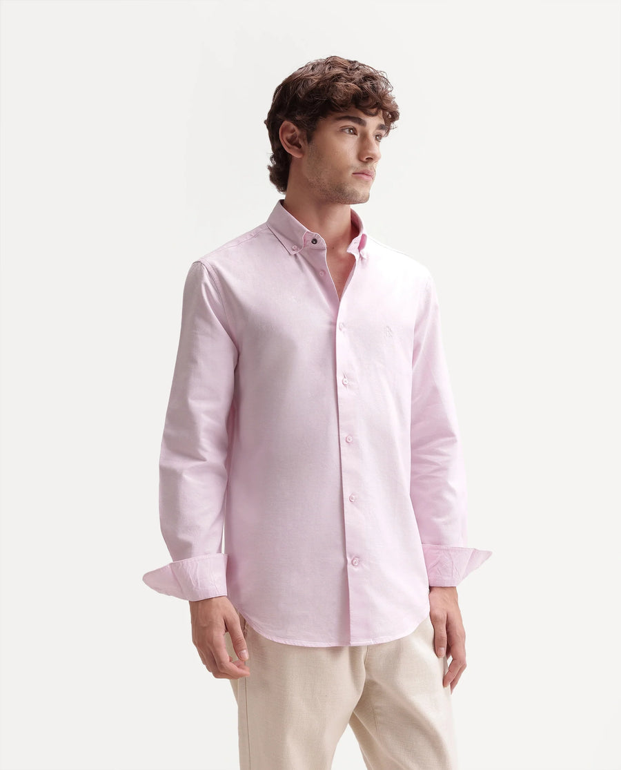 Rare Rabbit Men's Rezos Light Pink Cotton Button-Down Collar Regular Fit Plain Shirt