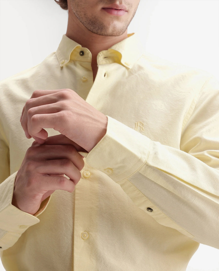 Rare Rabbit Men's Rezos Light Yellow Cotton Button-Down Collar Regular Fit Plain Shirt