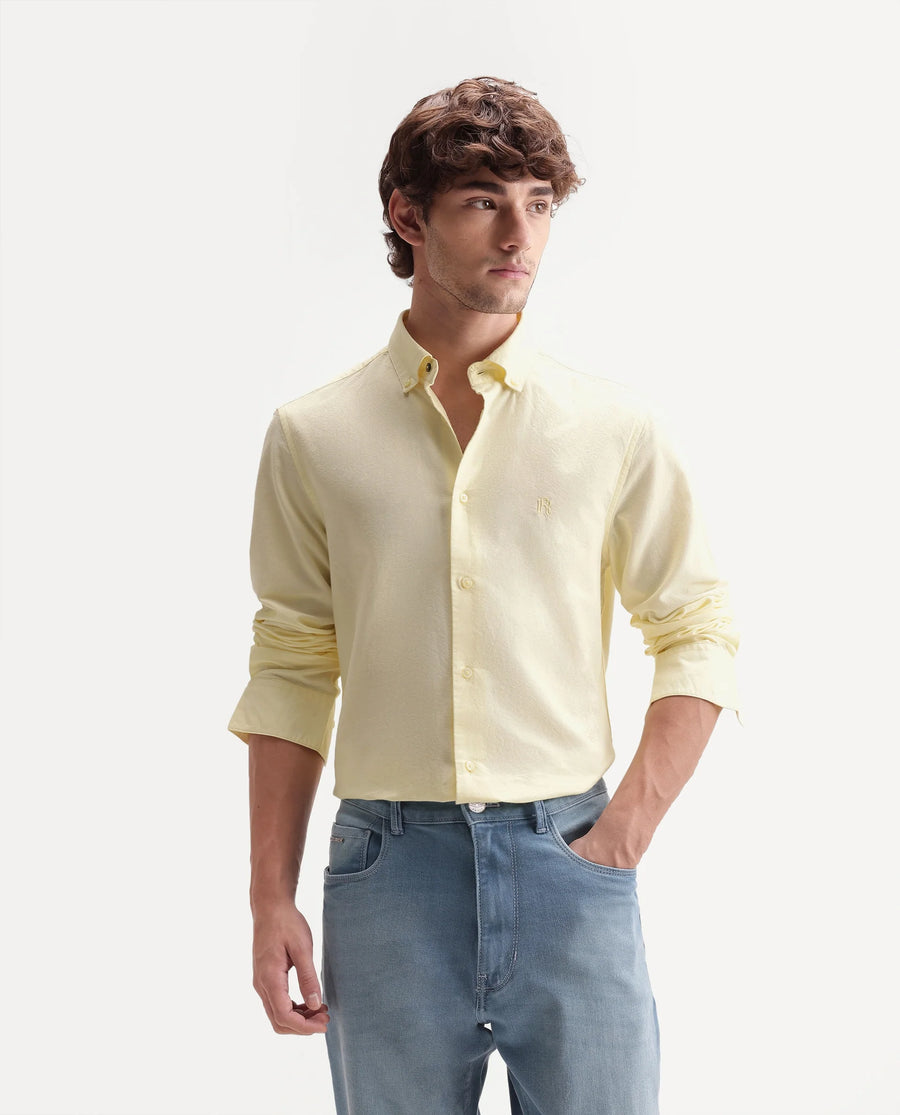 Rare Rabbit Men's Rezos Light Yellow Cotton Button-Down Collar Regular Fit Plain Shirt
