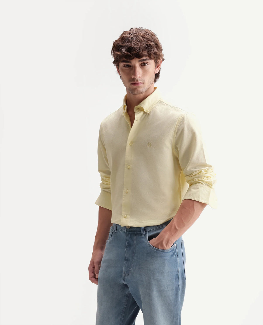 Rare Rabbit Men's Rezos Light Yellow Cotton Button-Down Collar Regular Fit Plain Shirt