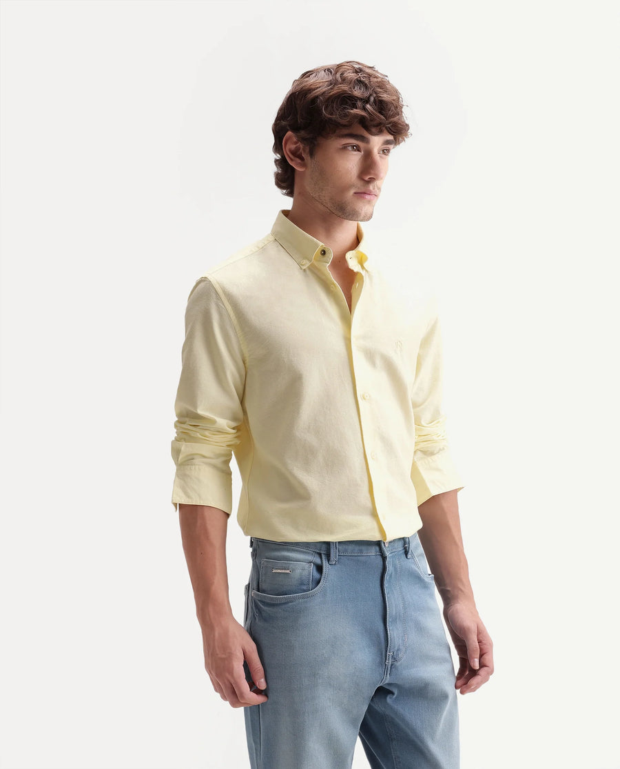 Rare Rabbit Men's Rezos Light Yellow Cotton Button-Down Collar Regular Fit Plain Shirt