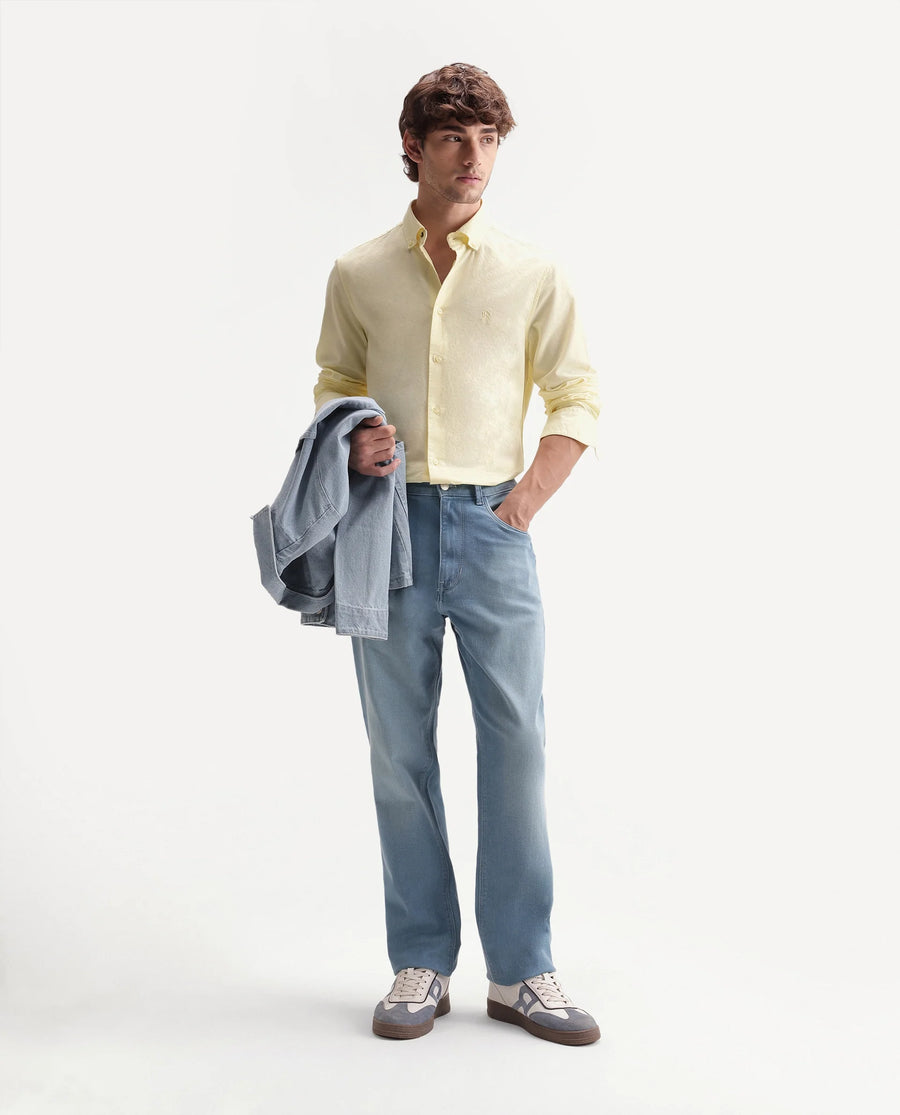 Rare Rabbit Men's Rezos Light Yellow Cotton Button-Down Collar Regular Fit Plain Shirt