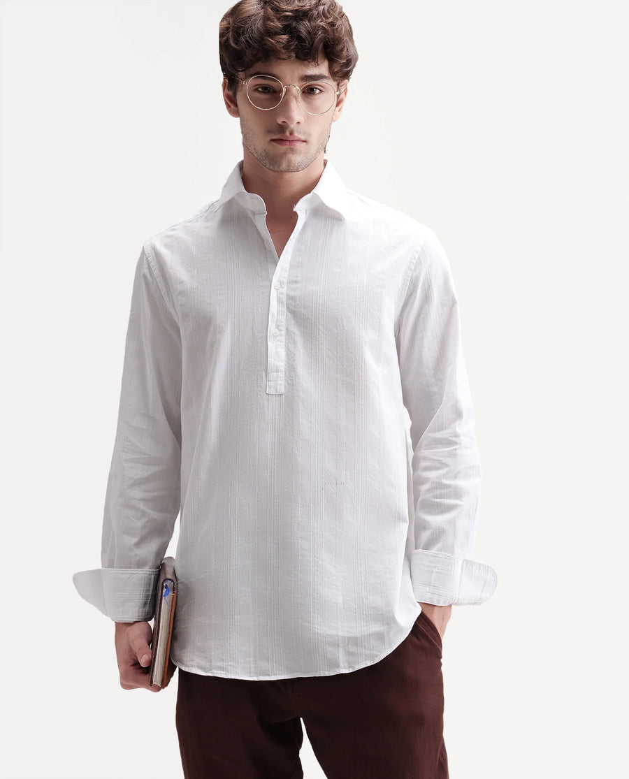 Rare Rabbit Men's Kord White Cotton Spread Collar Regular Fit Striped Shirt