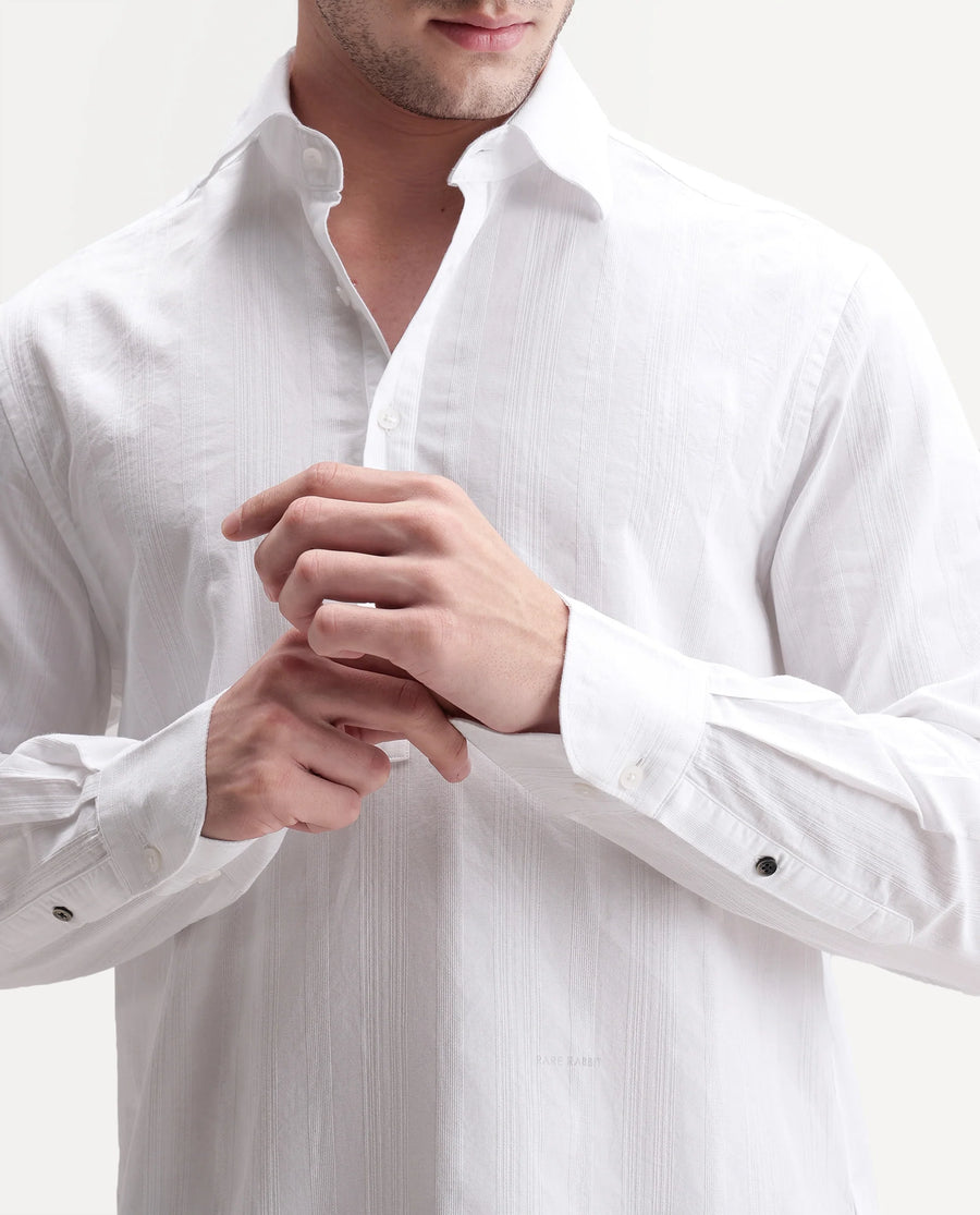 Rare Rabbit Men's Kord White Cotton Spread Collar Regular Fit Striped Shirt