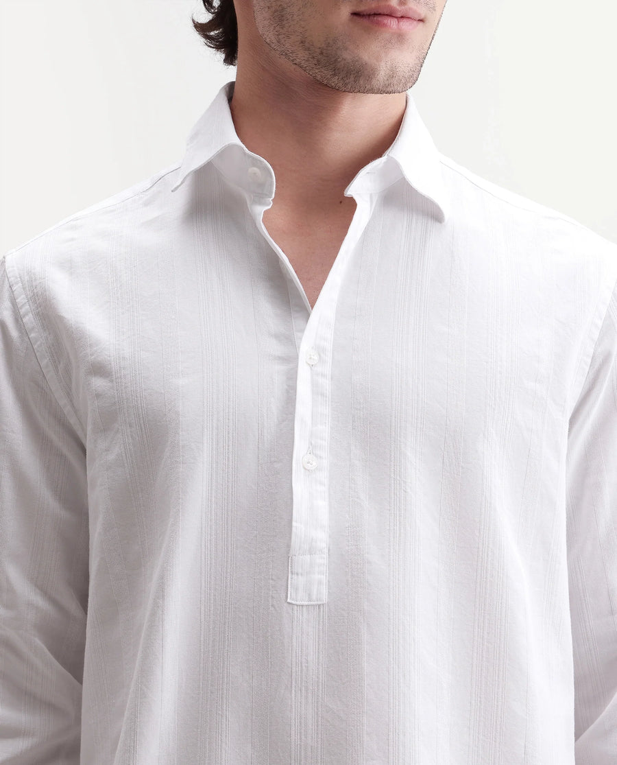Rare Rabbit Men's Kord White Cotton Spread Collar Regular Fit Striped Shirt