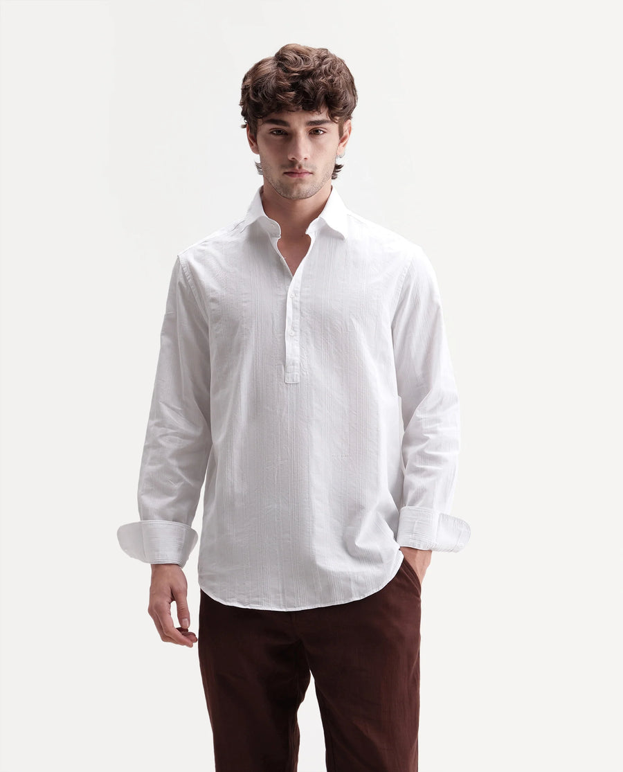Rare Rabbit Men's Kord White Cotton Spread Collar Regular Fit Striped Shirt
