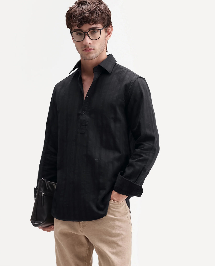 Rare Rabbit Men's Kord Black Cotton Spread Collar Regular Fit Striped Shirt