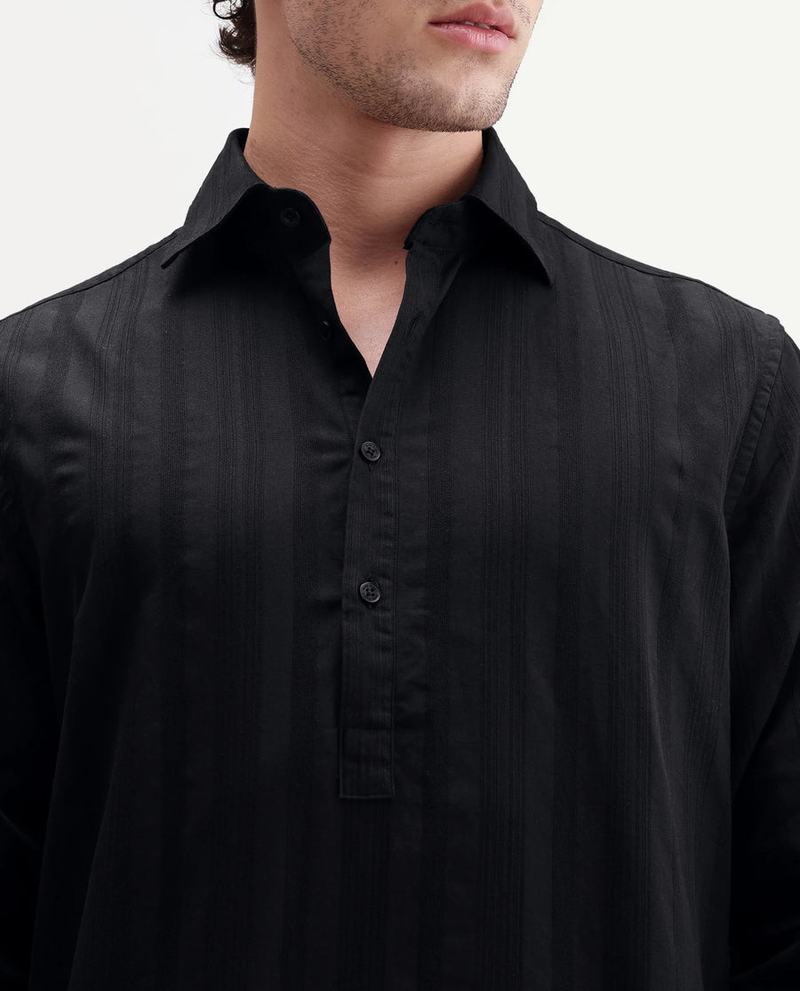 Rare Rabbit Men's Kord Black Cotton Spread Collar Regular Fit Striped Shirt
