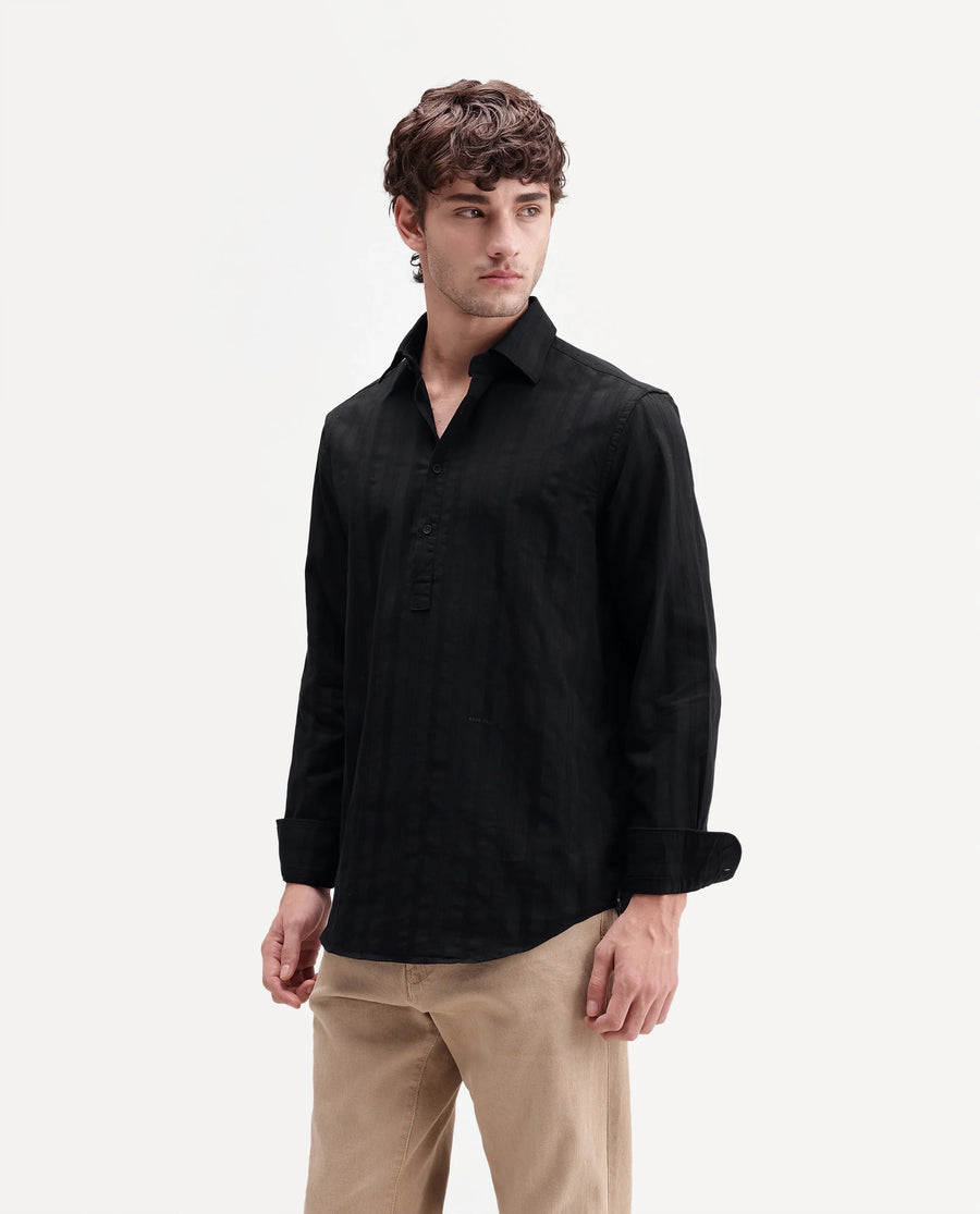 Rare Rabbit Men's Kord Black Cotton Spread Collar Regular Fit Striped Shirt