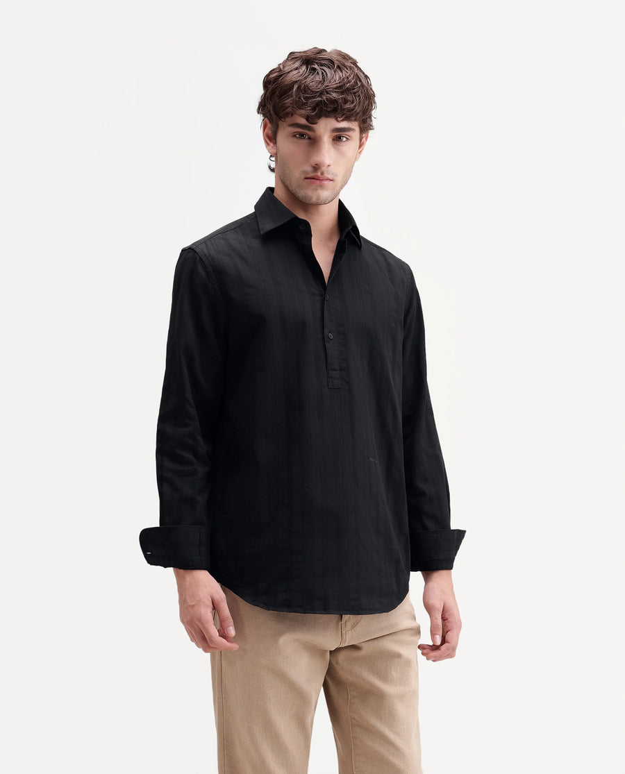 Rare Rabbit Men's Kord Black Cotton Spread Collar Regular Fit Striped Shirt