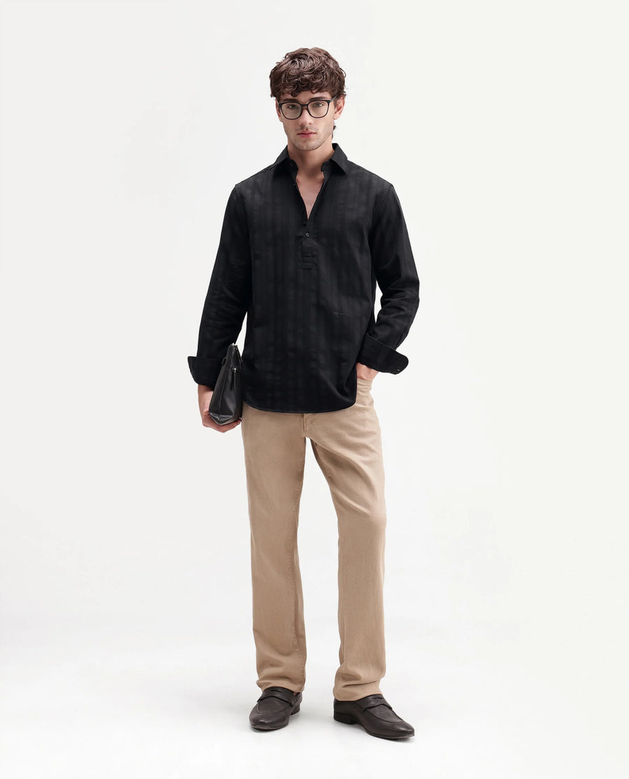 Rare Rabbit Men's Kord Black Cotton Spread Collar Regular Fit Striped Shirt
