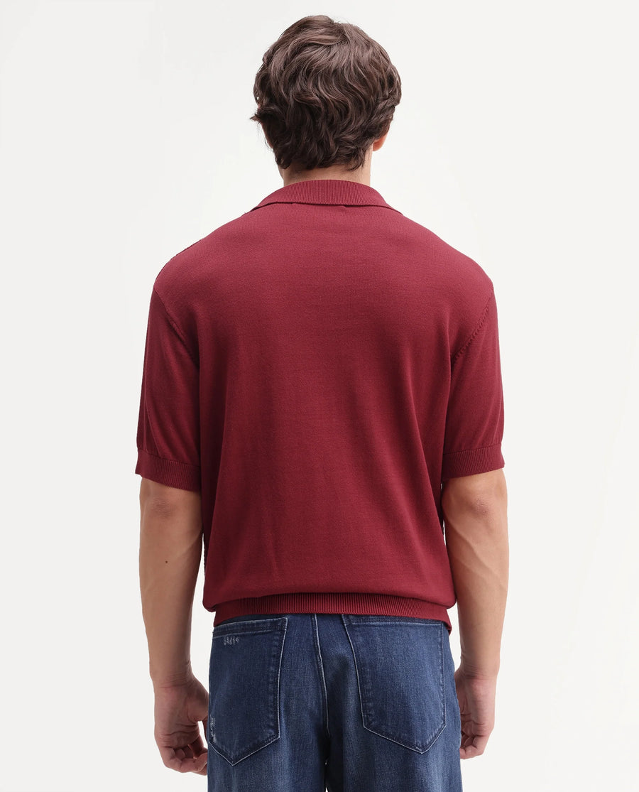 Rare Rabbit Men's Zegot Primary Red Cotton Johnny Collar Regular Textured Polo