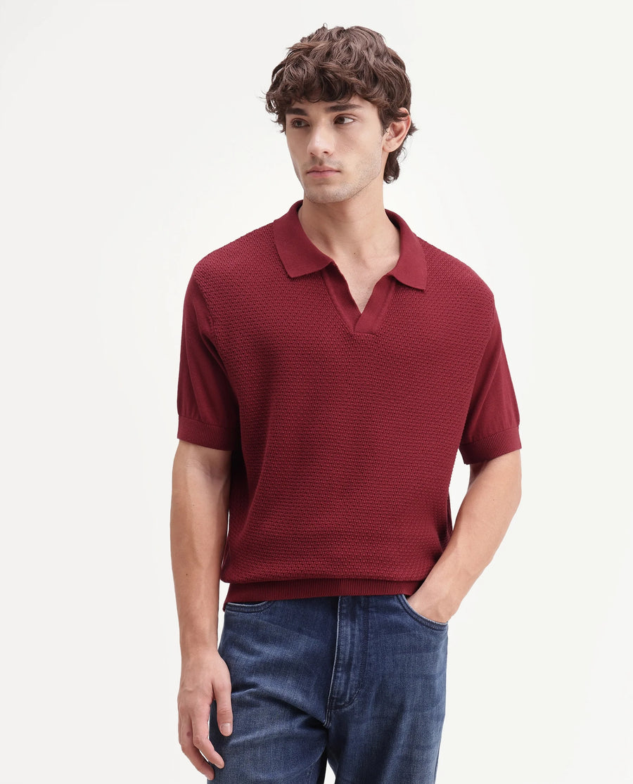 Rare Rabbit Men's Zegot Primary Red Cotton Johnny Collar Regular Textured Polo