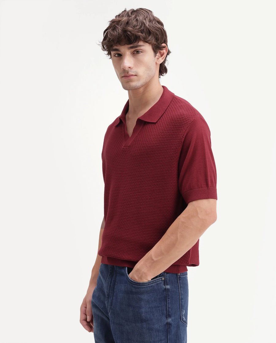 Rare Rabbit Men's Zegot Primary Red Cotton Johnny Collar Regular Textured Polo