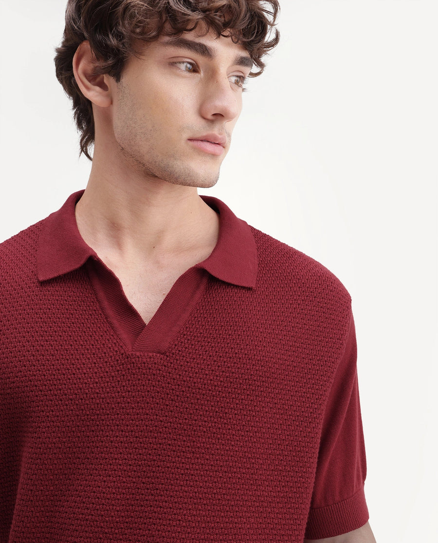 Rare Rabbit Men's Zegot Primary Red Cotton Johnny Collar Regular Textured Polo