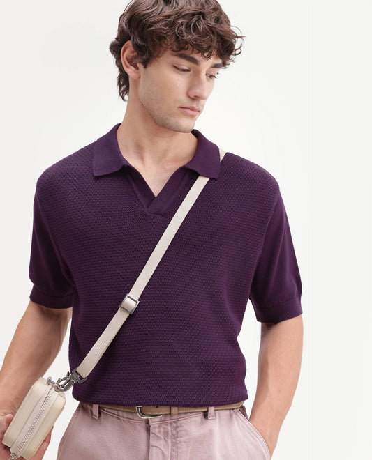 Rare Rabbit Men's Zegot Dark Purple Cotton Johnny Collar Regular Textured Polo