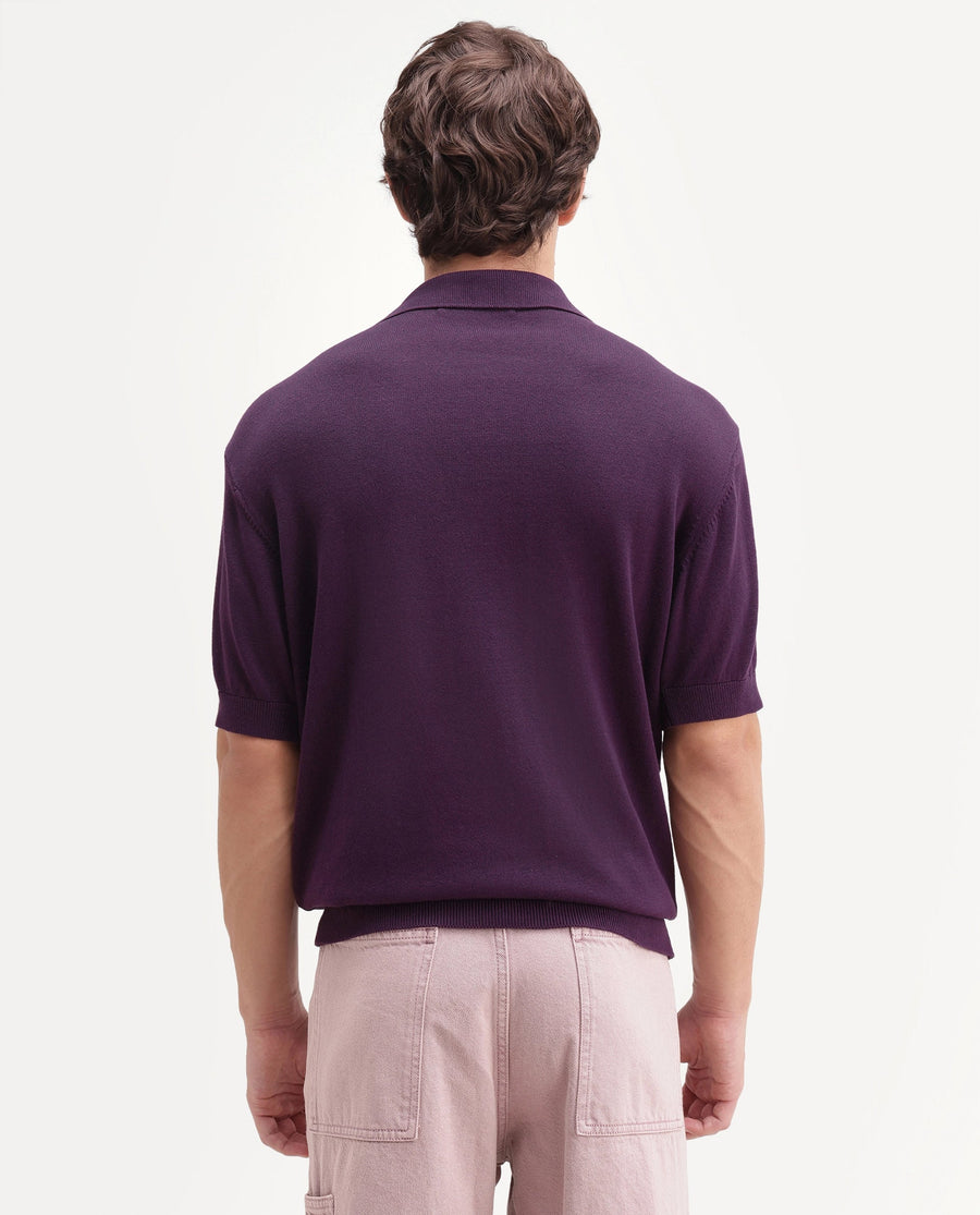 Rare Rabbit Men's Zegot Dark Purple Cotton Johnny Collar Regular Textured Polo