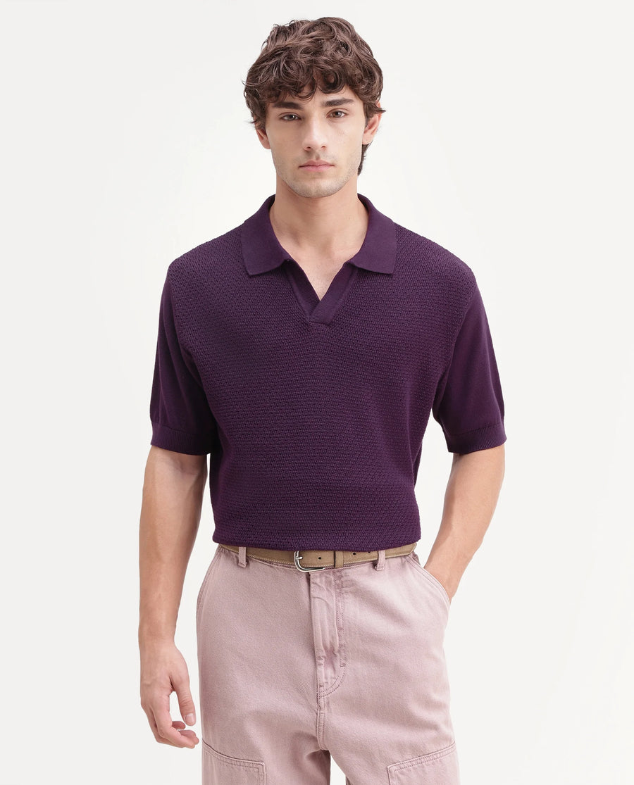 Rare Rabbit Men's Zegot Dark Purple Cotton Johnny Collar Regular Textured Polo