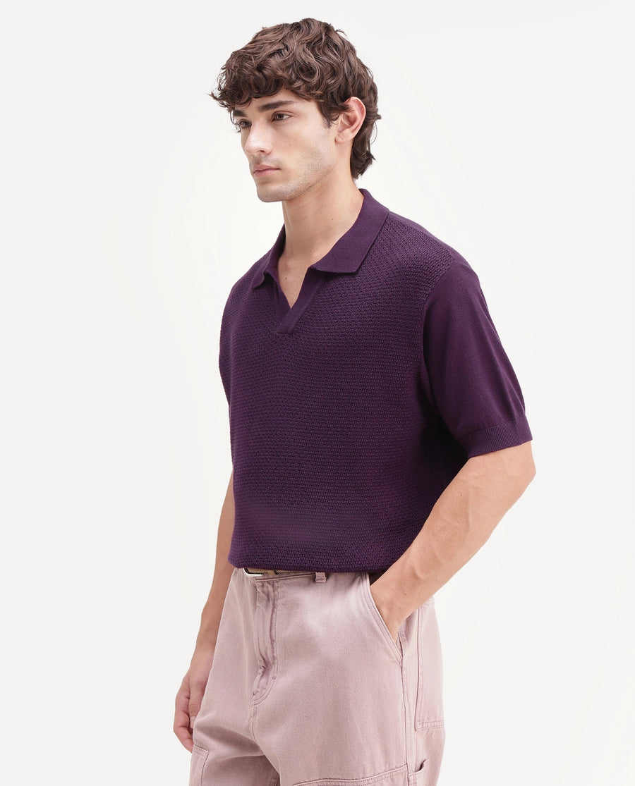 Rare Rabbit Men's Zegot Dark Purple Cotton Johnny Collar Regular Textured Polo