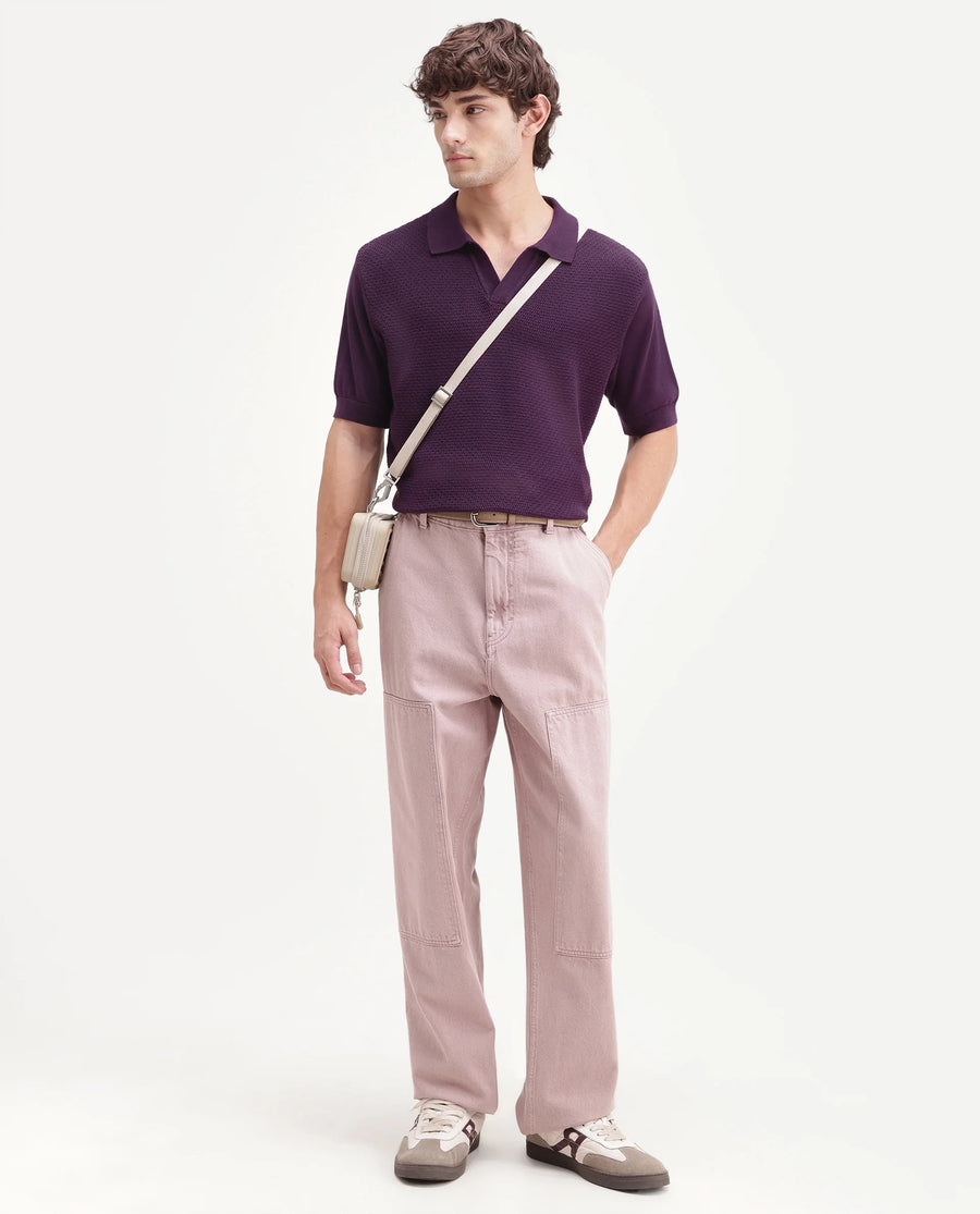 Rare Rabbit Men's Zegot Dark Purple Cotton Johnny Collar Regular Textured Polo