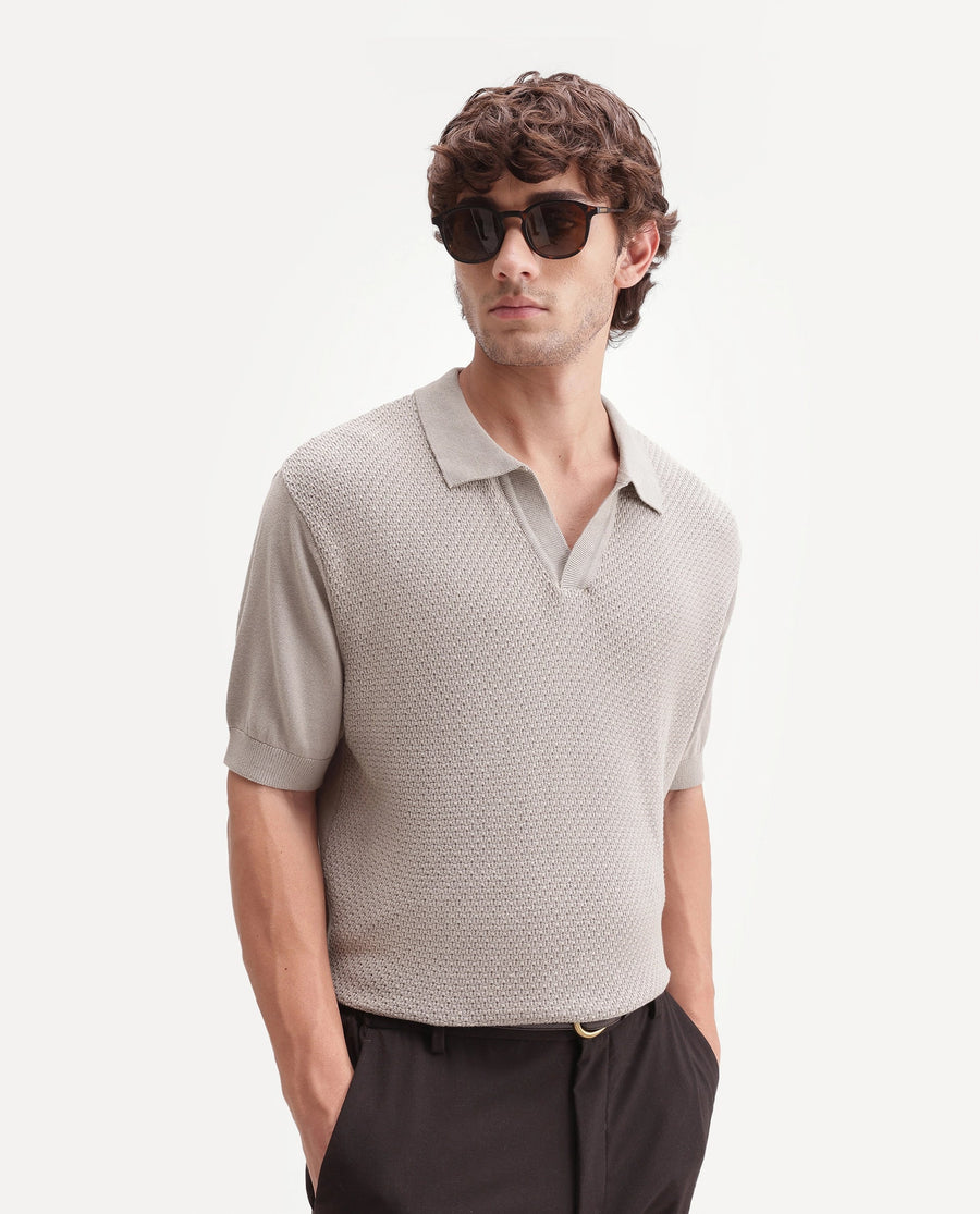 Rare Rabbit Men's Zegot Primary Beige Cotton Johnny Collar Regular Textured Polo