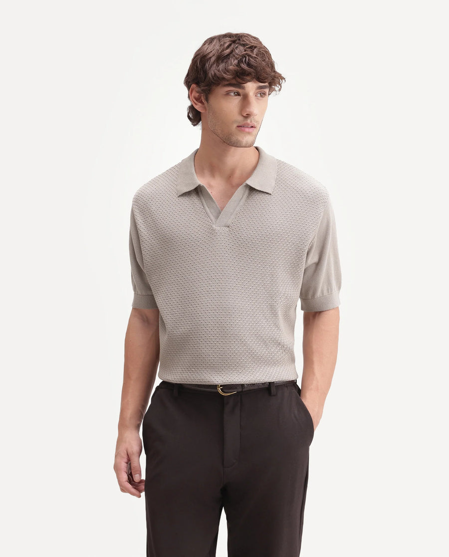Rare Rabbit Men's Zegot Primary Beige Cotton Johnny Collar Regular Textured Polo