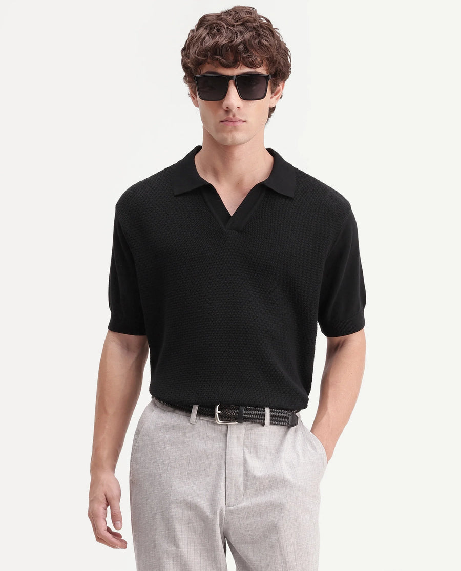 Rare Rabbit Men's Zegot Primary Black Cotton Johnny Collar Regular Textured Polo