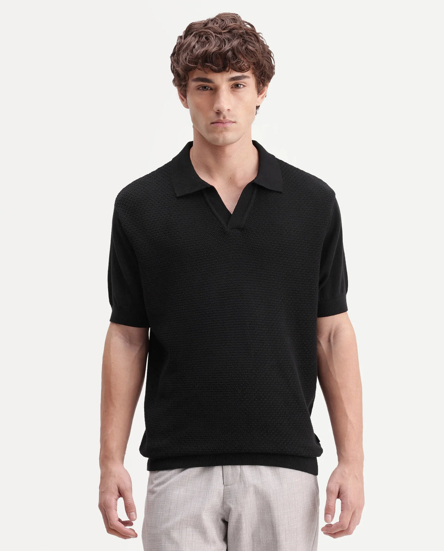 Rare Rabbit Men's Zegot Primary Black Cotton Johnny Collar Regular Textured Polo