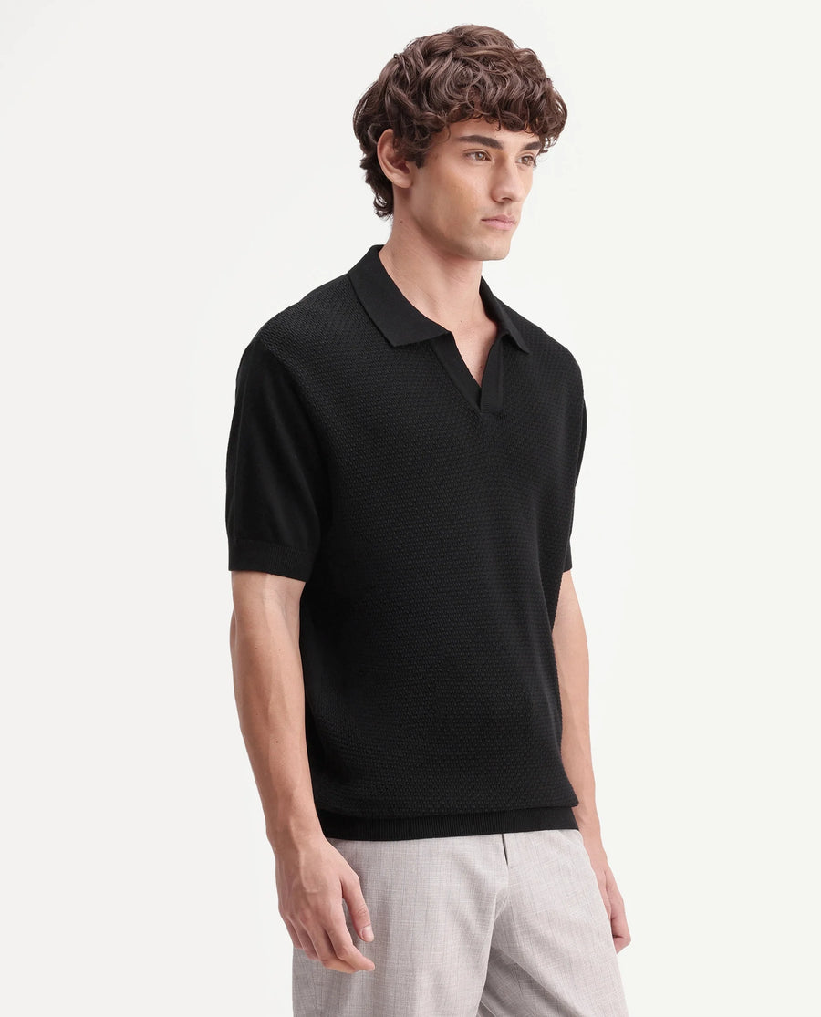 Rare Rabbit Men's Zegot Primary Black Cotton Johnny Collar Regular Textured Polo