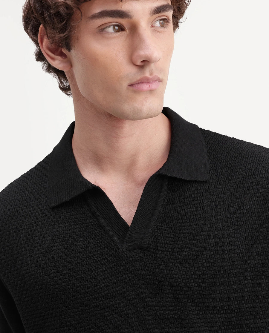 Rare Rabbit Men's Zegot Primary Black Cotton Johnny Collar Regular Textured Polo