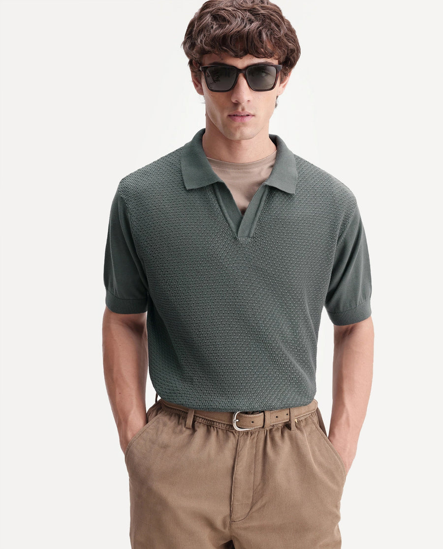 Rare Rabbit Men's Zegot Dark Green Cotton Johnny Collar Regular Textured Polo