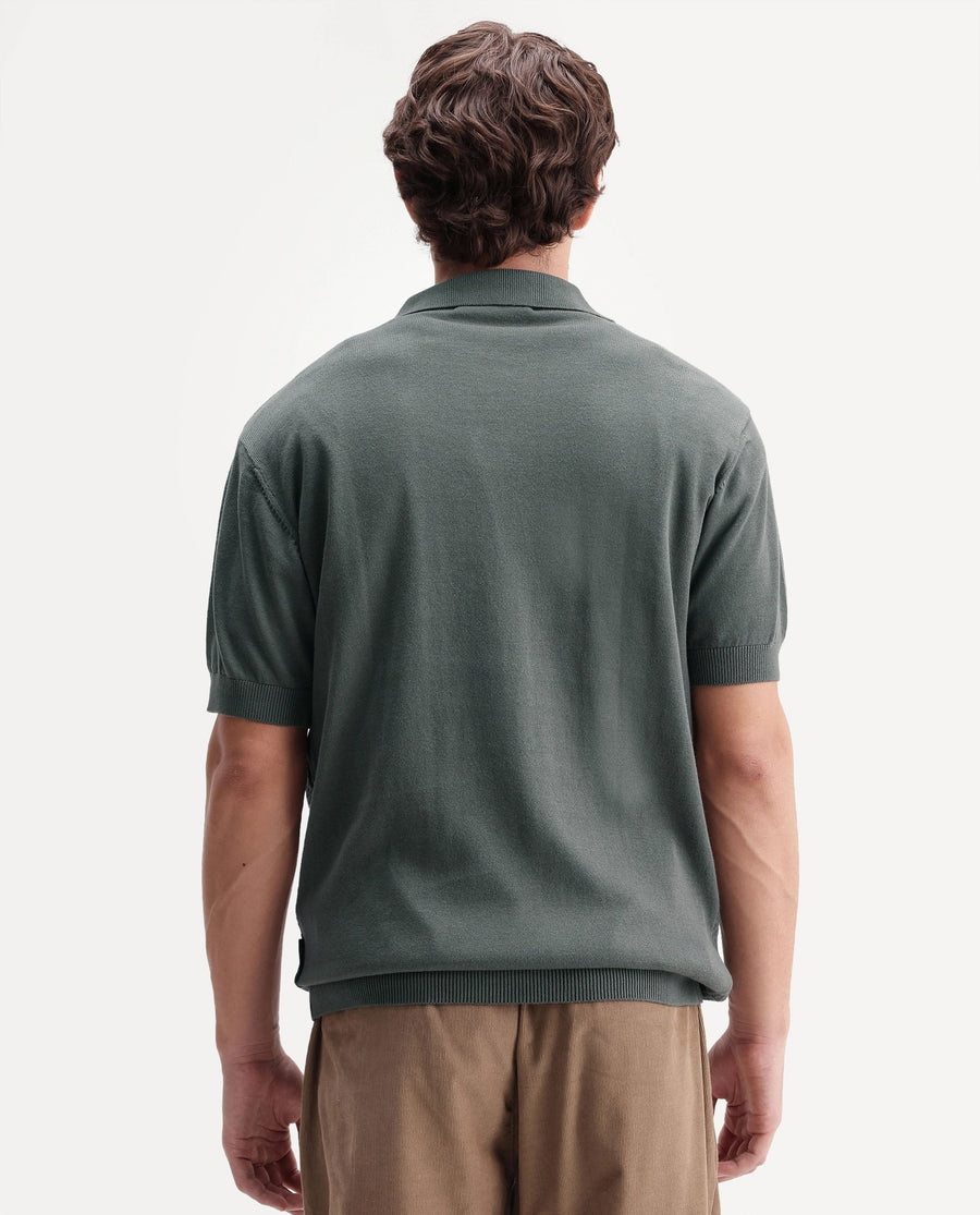 Rare Rabbit Men's Zegot Dark Green Cotton Johnny Collar Regular Textured Polo