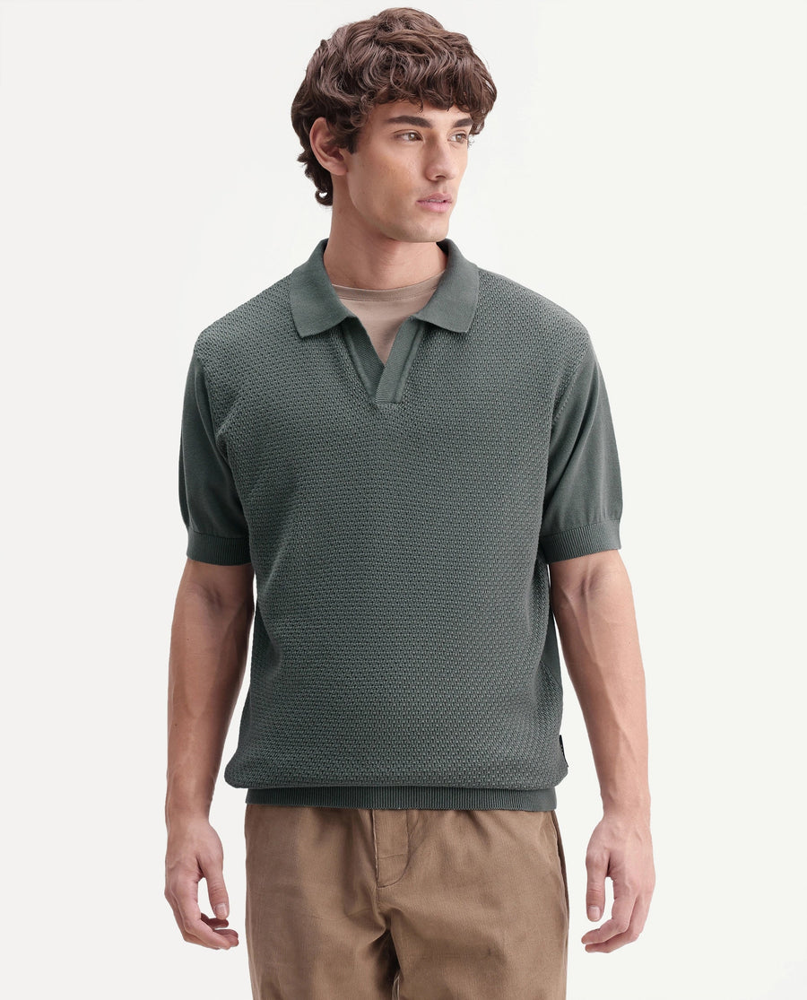Rare Rabbit Men's Zegot Dark Green Cotton Johnny Collar Regular Textured Polo