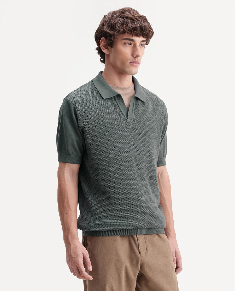 Rare Rabbit Men's Zegot Dark Green Cotton Johnny Collar Regular Textured Polo