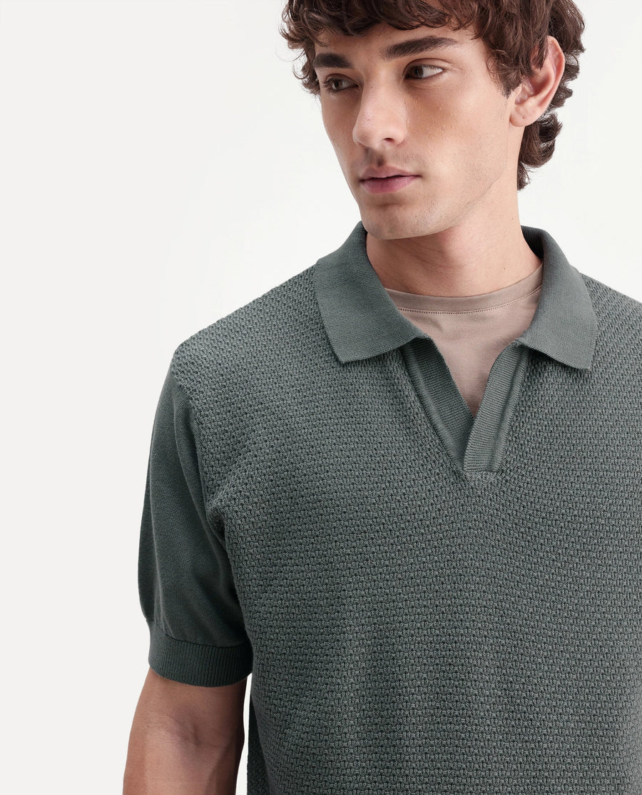 Rare Rabbit Men's Zegot Dark Green Cotton Johnny Collar Regular Textured Polo