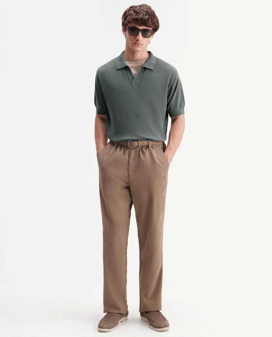 Rare Rabbit Men's Zegot Dark Green Cotton Johnny Collar Regular Textured Polo