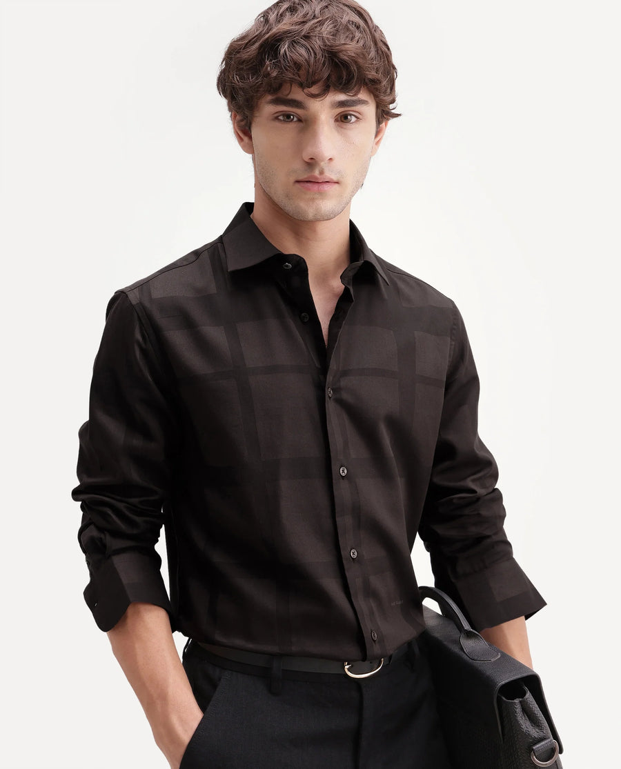 Rare Rabbit Men's Boxlet-Aw26 Brown Cotton Blend Spread Collar Regular Fit Striped Shirt
