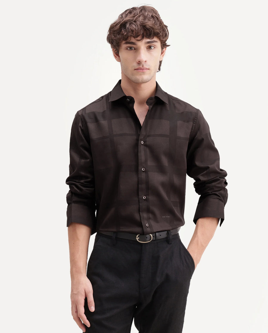 Rare Rabbit Men's Boxlet-Aw26 Brown Cotton Blend Spread Collar Regular Fit Striped Shirt