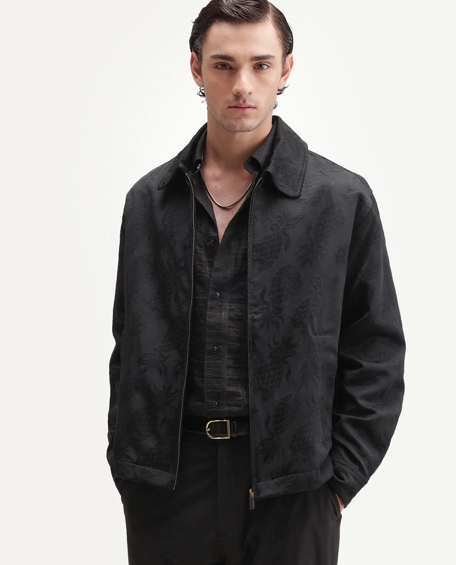 Rare Rabbit Men's Lucho Black Cotton Blend Spread Collar Zipper Regular Jacquard Shacket