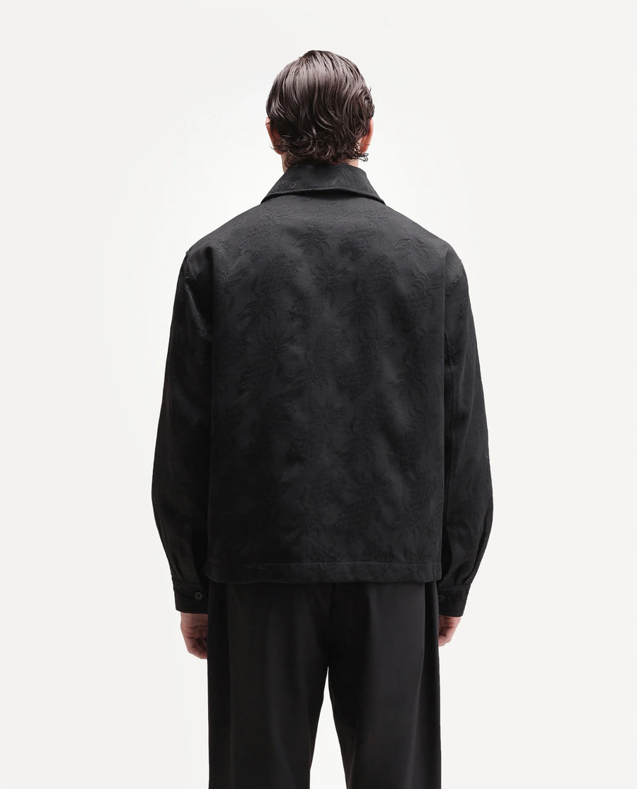 Rare Rabbit Men's Lucho Black Cotton Blend Spread Collar Zipper Regular Jacquard Shacket